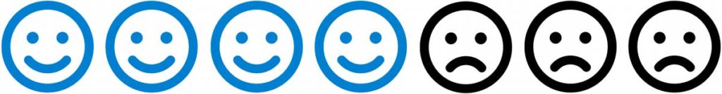 7 Emojis zur Bewertung eines Spielfilms, hier 4 blaue Smileys und 3 schwarze traurige Gesichter für "Geliebte Jane"