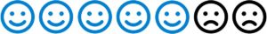 7 Emojis zur Bewertung eines Spielfilms, hier 5 blaue Smileys und 2 schwarze traurige Gesichter