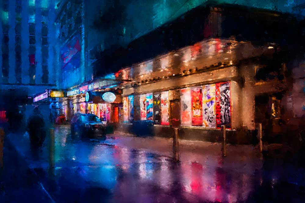Ein farbiges, impressionistisches Ölgemälde, das ein Kino und eine regennasse Straße bei Nacht zeigt.