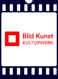 Eingefasst in ein transparentes, perforiertes Filmbild das Logo der VG Bild-Kunst mit einem roten Quadrat und dem roten Schriftzug: Bild Kunst KULTURWERK.