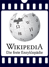Eingefasst in ein transparentes, perforiertes Filmbild das Logo von Wikipedia, das eine schwarz-weiße Weltkugel mit dem Schriftzug "WIKIPEDIA - Die freie Enzyklopädie" zeigt.