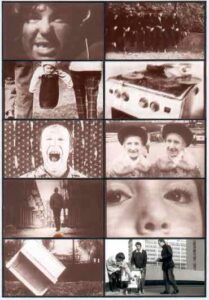 Postkarte, die schwarz-weiß Abbildungen von 10 prämierten Kurzfilmen von Klaus Weller zeigt.