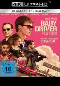 Farbiges Cover eines 4K Datenträgers von Edgar Wrights "Baby Driver".