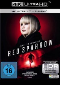 Farbiges Cover eines 4K Datenträgers von Francis Lawrences "Red Sparrow".