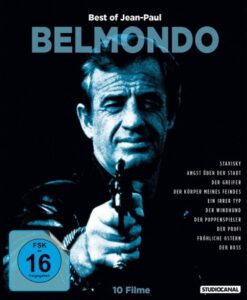 Farbiges Cover einer Blu-ray Edition von 10 Spielfimen mit Jean-Paul Belmondo, u.a. Georges Lautners "Der Profi".