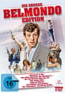 Farbiges Cover einer Edition von acht Spielfilmen mit Jean-Paul Belmondo, u.a. "Der Panther wird gehetzt" von Claude Sautet.