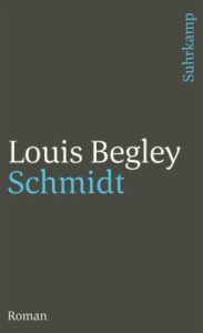In schwarz, weiß und türkis gehaltenes Cover des Romans "Schmidt" von Louis Begley.
