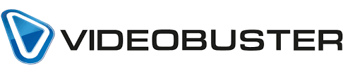 In blau, schwarz und weiß gestaltetes Logo von Videobuster.