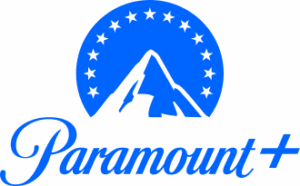 Logo des Streaminganbieters Paramount Plus mit blauer Schrift auf weißem Hintergrund.