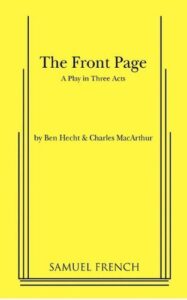 Farbiges Cover des Romans "The Front Page" von Ben Hecht und Charles MacArthur mit schwarzer Schrift auf gelbem Hintergrund.